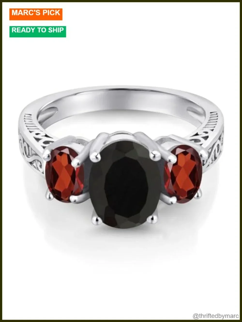 Sterling Silver 2.73 Cttw Onyx & Garnet 3 Stone Ring